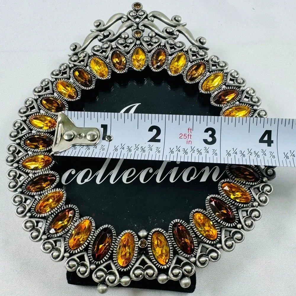 VTG Round Ornate Metal Picture Frame Amber Crystal Jewels Two's Company REGENCY